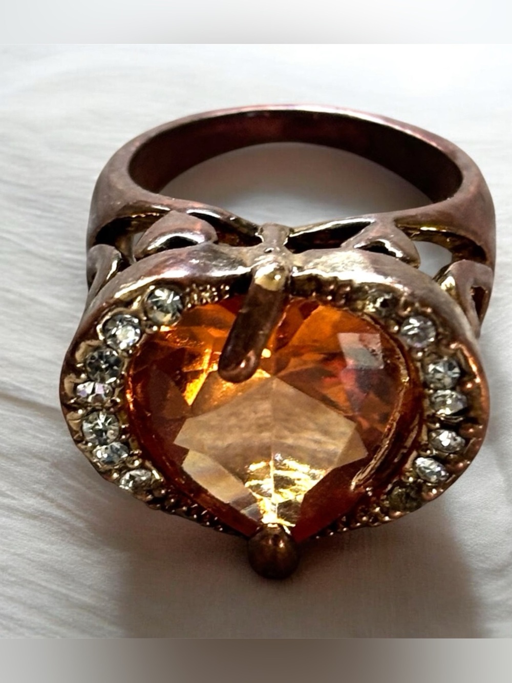 Big Bold Heart Shaped Gemstone Ring Citrine Color Surrounded by Rhinestones